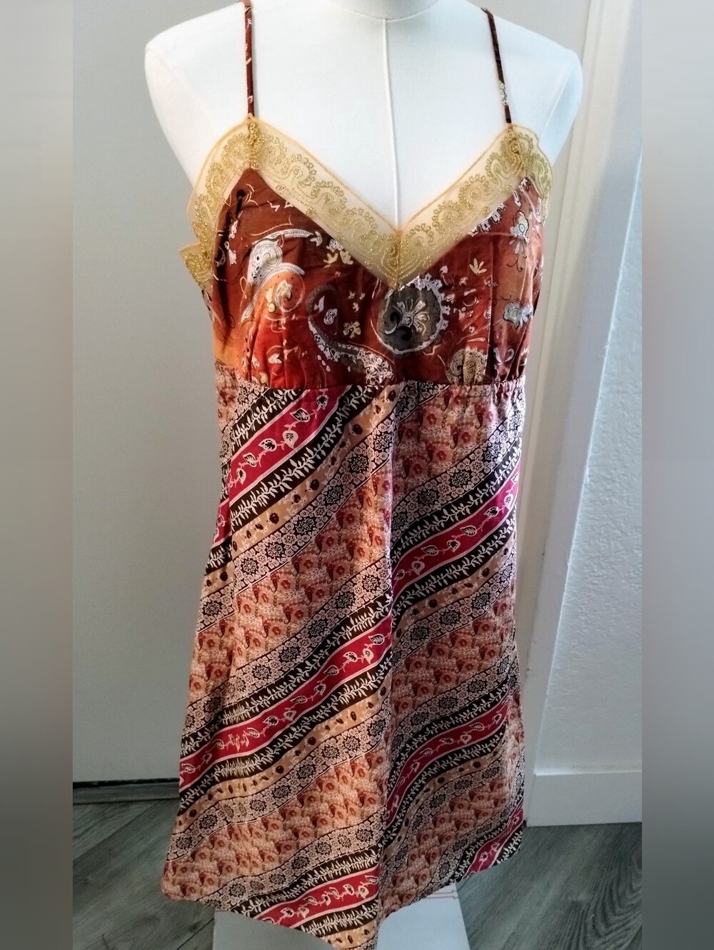 Womans Boho Paisley Slip Dress with Gold Lace Trim - Pink & Brown